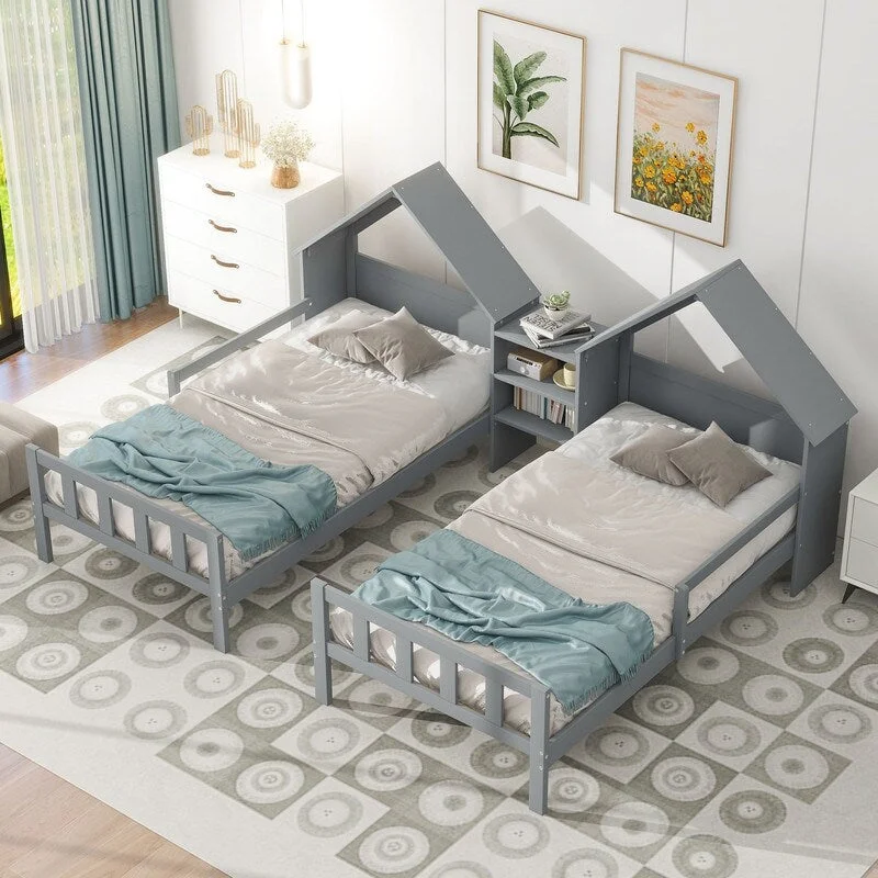 House-shaped Headboard Double Twin Size Platform Bed with Built-in Nightstand, Grey