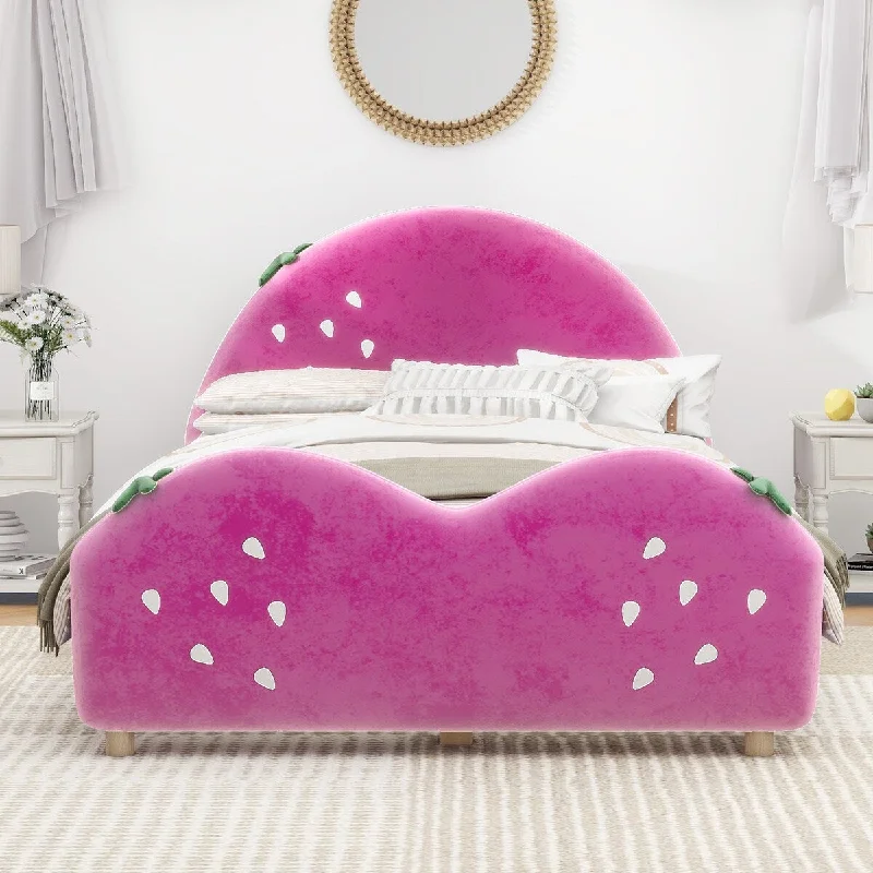 Kids Cute Platform Bed Twin Size Upholstered Strawberry Shaped Princess Bed w/ Headboard & Footboard for Kids Girls