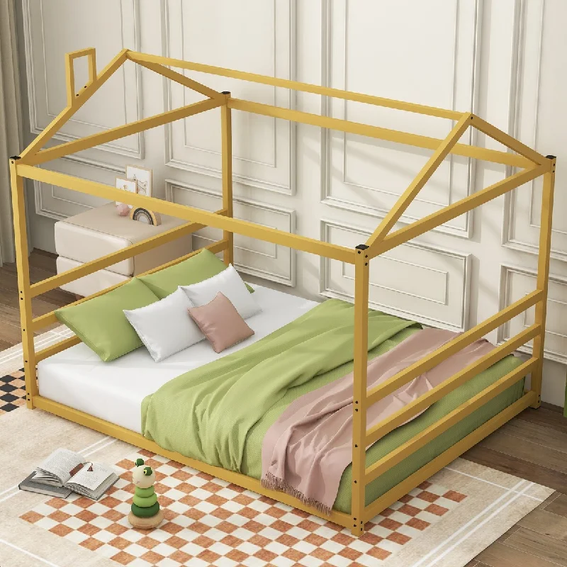 Modern Queen Size Bed Frames Metal House Shape Platform Bed with Headboard and Footboard, No Box Spring Needed