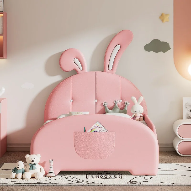 Pink Twin Upholstered Rabbit-Shape Princess Bed, Twin Size Platform Bed with Headboard & Footboard, Pu Upholstered Platform Bed