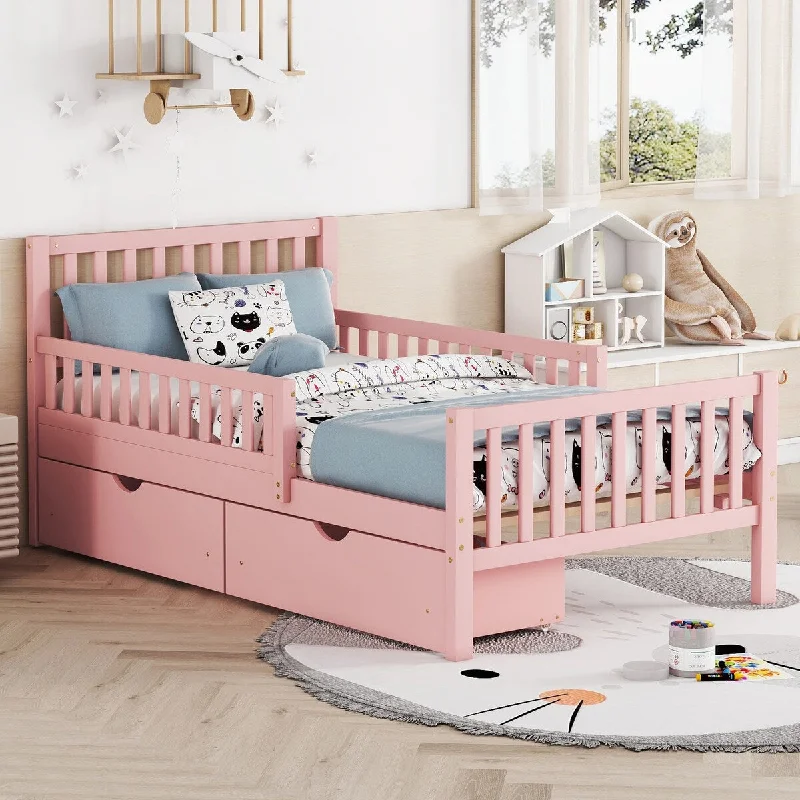 Platform Bed Frame with Storage Drawers and Fence Rails, Wood Princess Beds with Headboard and Slat Support, Pink