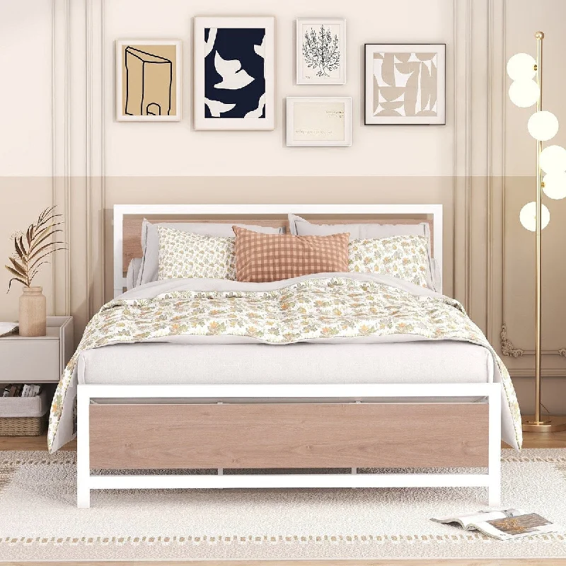 Queen Size Platform Bed Frame w/ Metal Headboard and Footboard, White