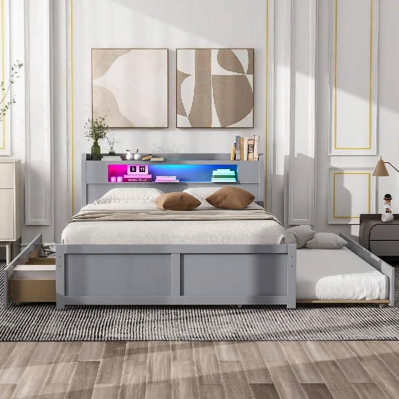 Queen Size Platform Bed with Headboard and LED Light, Storage Bed Frame with Trundle and 2 Drawers for Kids, Teens, Adults