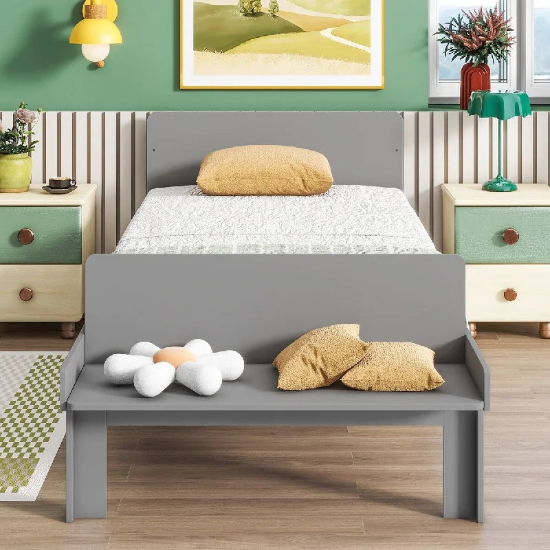 Twin Grey Bed Headboard Platform Frames w/ Footboard Bench&2 Drawers