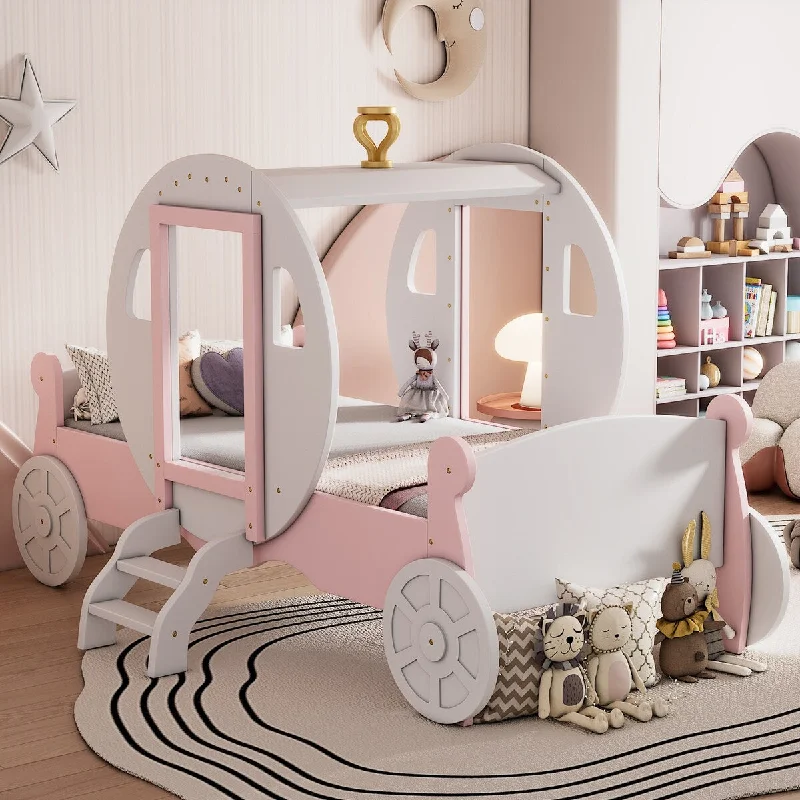 Twin Princess Carriage Bed with Stair&Crown, Kids Platform Car Bed with Headboard and Footboard, Kids Twin Bed Frame for Girls