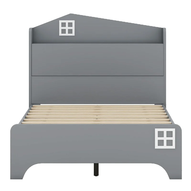 Twin Size Kids House Bed with Storage Headboard & Storage Shelf, Grey