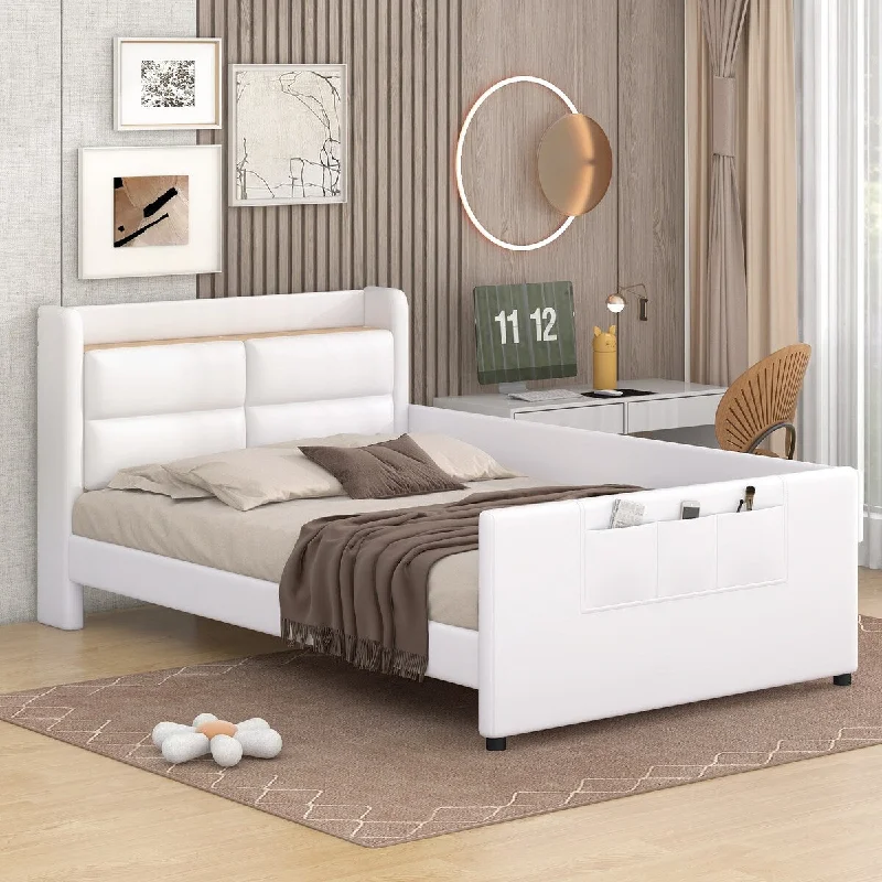 Twin Size Upholstered Platform Bed Frame w/ Guardrail, Wood Bed Frame w/ Storage Headboard and Footboard for Boys Girls, Beige