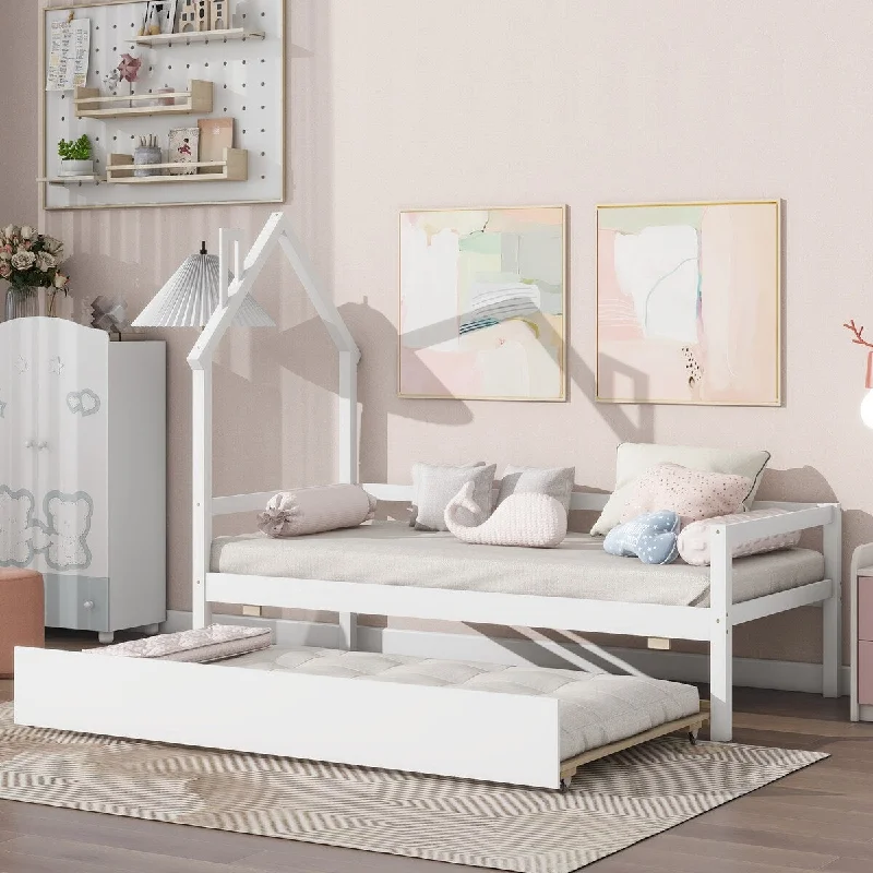 Twin White Daybed w/ Pull-out Trundle Bed, House-shaped Headboard Bed, Modern Platform Bed Frame with Guardrails for Boys Girls