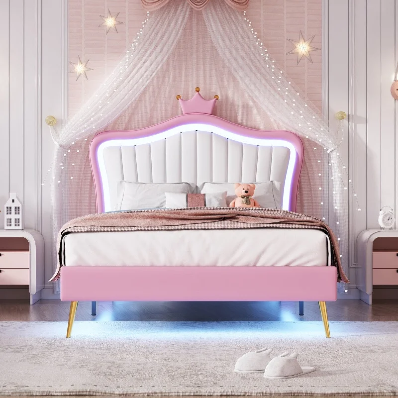 Upholstered Bed LED Bed Frame Princess Bed w/ Crown Headboard & Metal Legs, Cute Kids Platform Bed/ Noise-Free, White+Pink