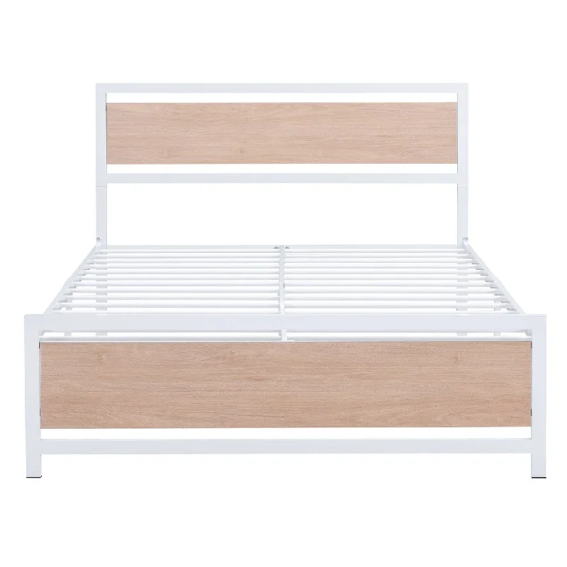 White Full Platform Metal and Wood Bed with Headboard and Footboard