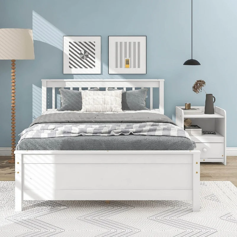 White Twin Bed with Headboard and Footboard for Kids Teens Adults, Wood Platform Bed Frame with Nightstand, No Box Spring Needed