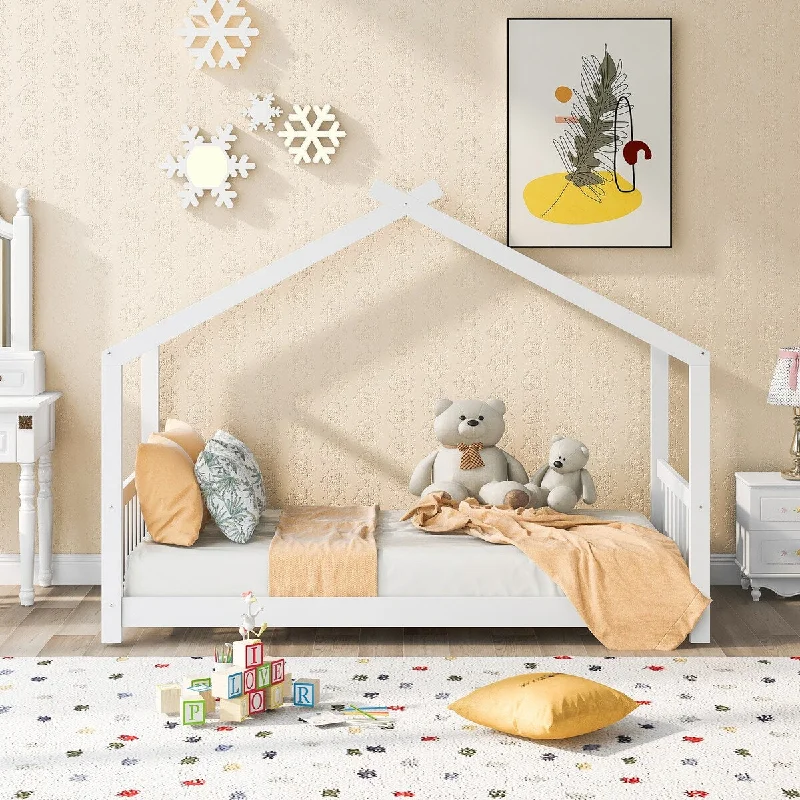 White Twin Size House Platform Bed with Headboard & Footboard, Wood Low Bed Frame with Slats Support for Kids Teens Bedroom