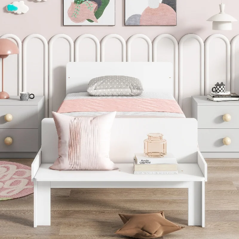 White Wood Kids Platform Bed with Headboard and Footboard Bench