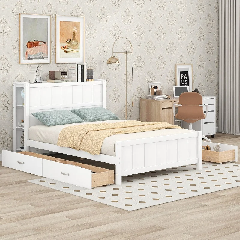 White Wood Platform Beds Full Size Storage Bed with Storage Shelves Headboard and 4 Drawers, Support Slats, Space Saving Storage