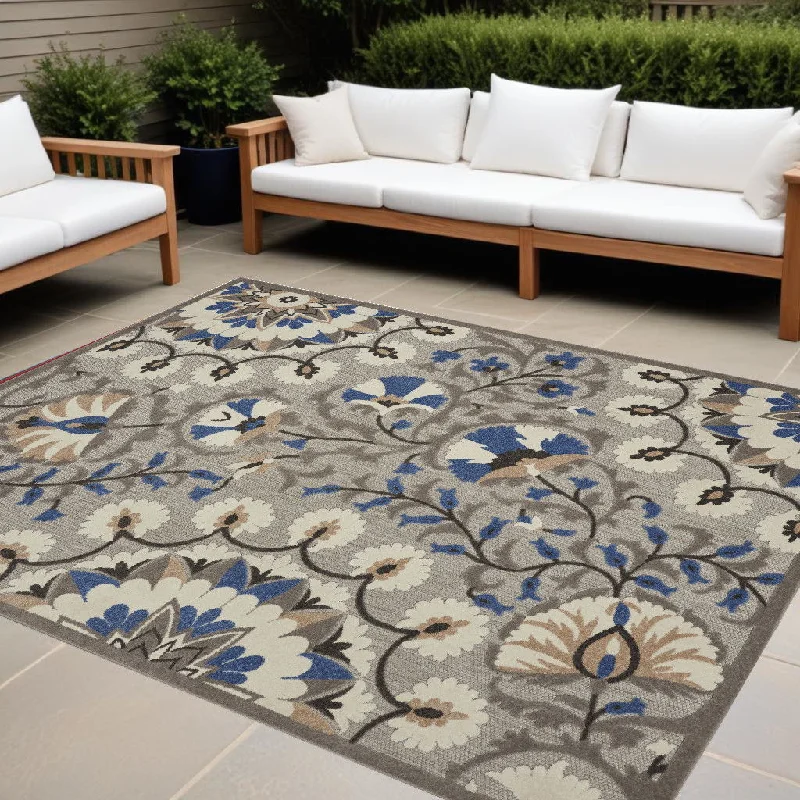 10' X 13' Floral Non Skid Indoor / Outdoor Area Rug - Gray