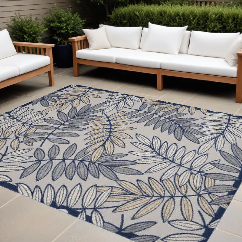 10' X 13' Floral Non Skid Indoor Outdoor Area Rug - Ivory / Navy