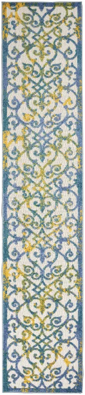 2' X 10' Damask Non Skid Indoor / Outdoor Runner Rug - Ivory / Blue