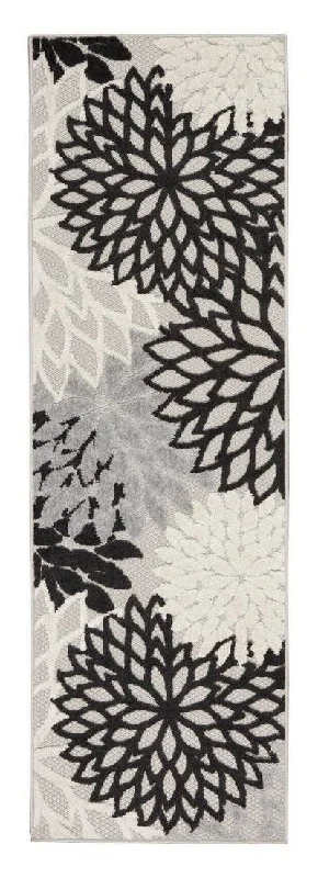 2' X 10' Floral Non Skid Indoor / Outdoor Runner Rug - Black / White