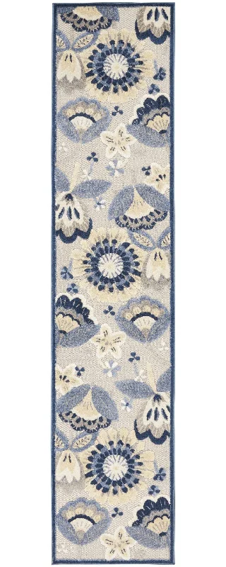 2' X 10' Floral Non Skid Indoor / Outdoor Runner Rug - Blue / Gray