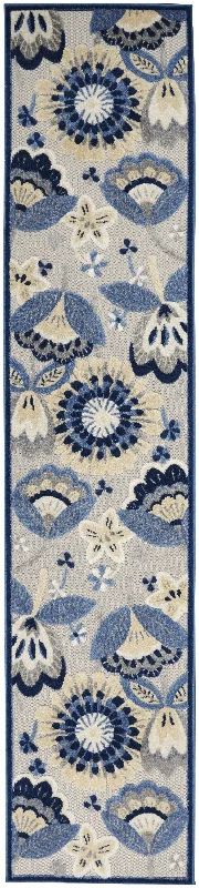 2' X 10' Floral Non Skid Outdoor / Indoor Runner Rug - Blue / Gray