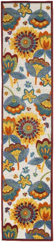 2' X 12' Floral Non Skid Indoor / Outdoor Runner Rug - White Yellow / Blue