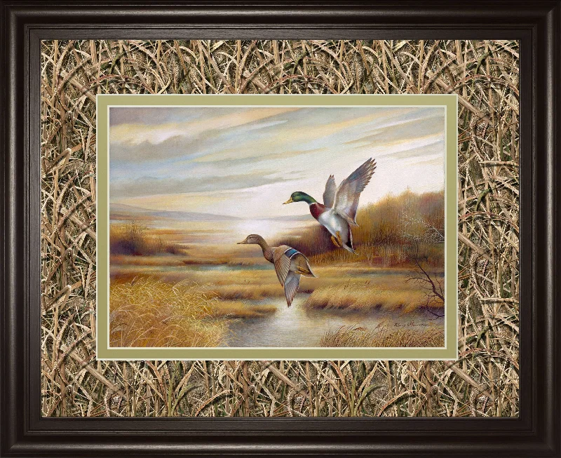 34x40 Mallards By Ruanne Manning And Mossy Oak Native Living - Framed Print Wall Art - Dark Brown