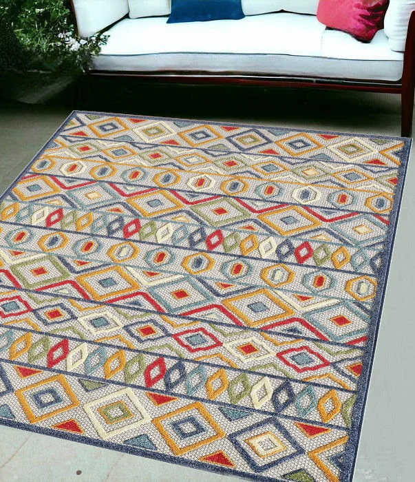 5' X 7' Southwestern Stain Resistant Indoor / Outdoor Area Rug - Ivory / Blue