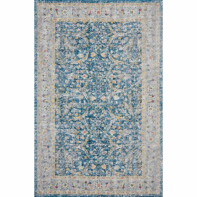 5' X 8' Floral Stain Resistant Indoor / Outdoor Area Rug - Blue