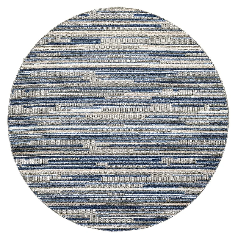 8’ Round Abstract Striped Indoor / Outdoor Area Rug - Blue