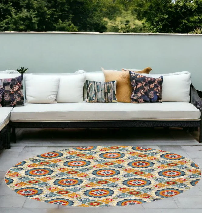 8' Round Round Moroccan Stain Resistant Indoor / Outdoor Area Rug - Orange / Ivory