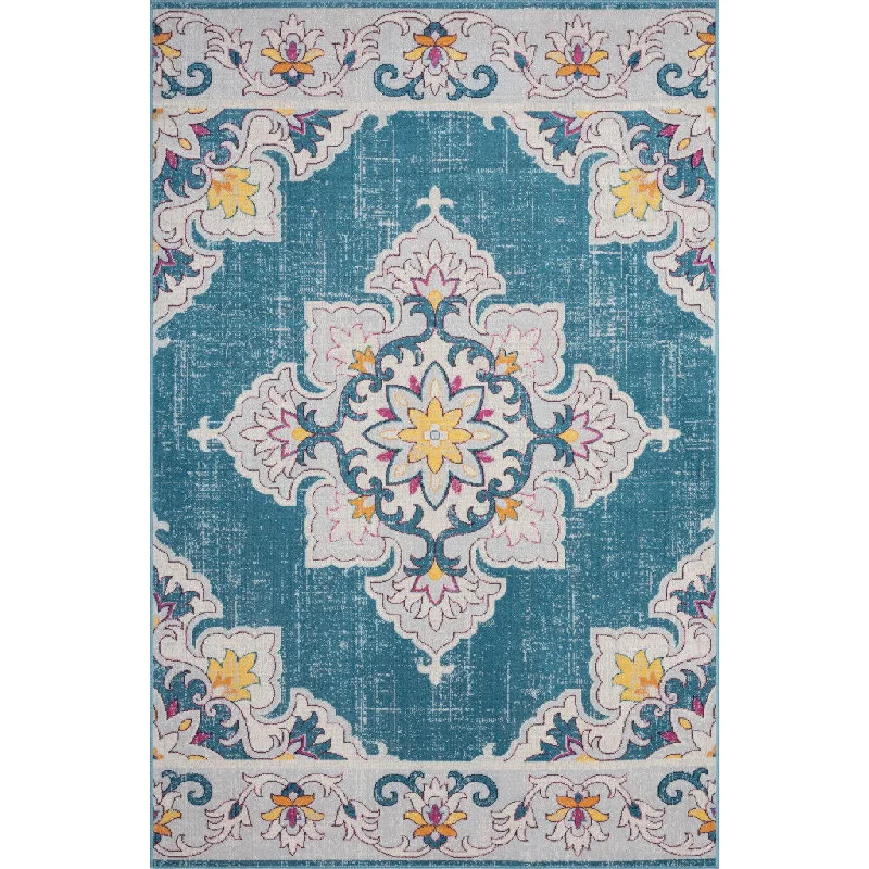 8' X 10' Floral Stain Resistant Indoor / Outdoor Area Rug - Blue / Ivory