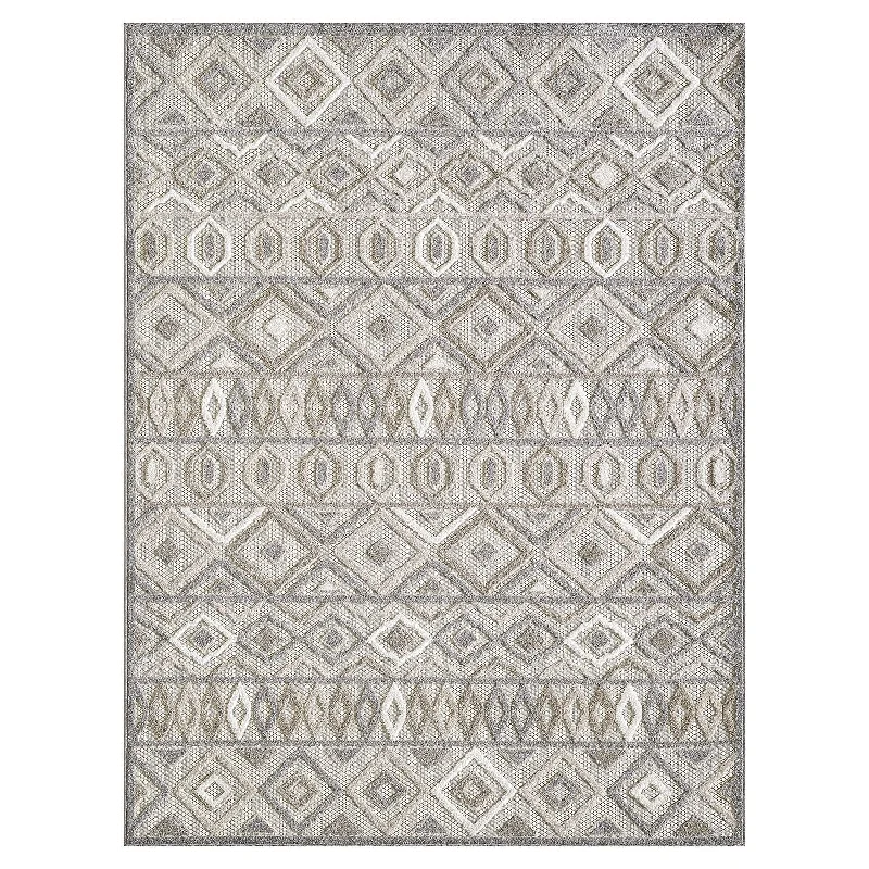 8’ X 10’ Ivory Aztec Pattern Indoor / Outdoor Area Rug - Gray