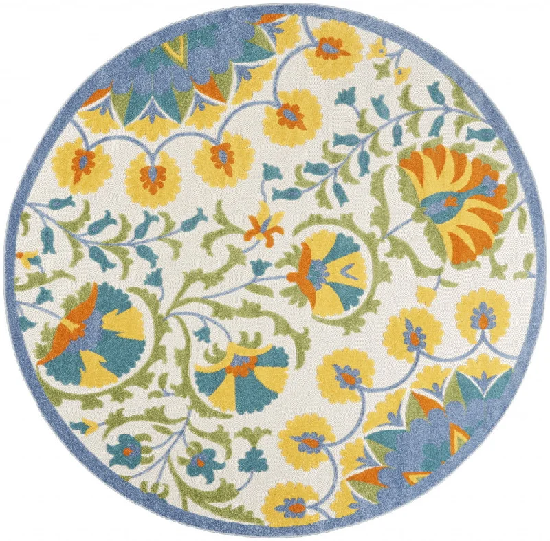 8' X 8' Round Toile Non Skid Indoor / Outdoor Area Rug - Blue Yellow / White