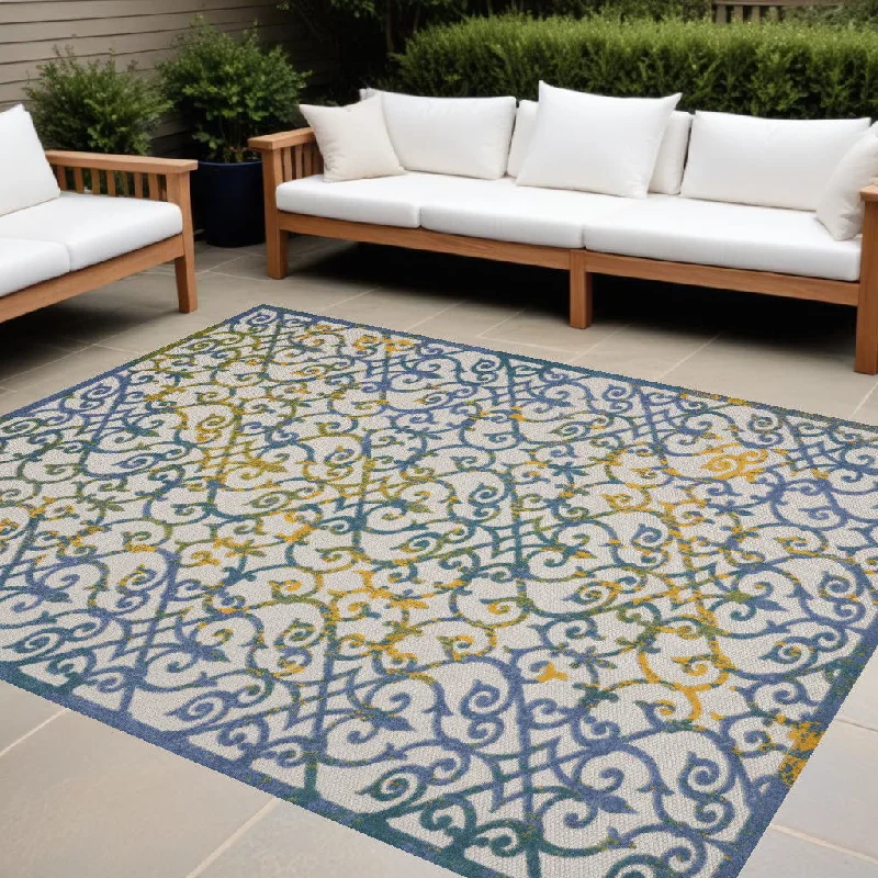 9' X 12' Damask Non Skid Indoor / Outdoor Area Rug - Ivory / Blue