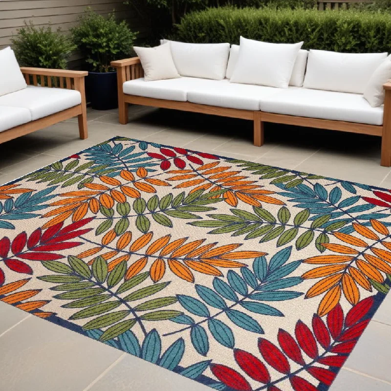 9' X 12' Floral Non Skid Indoor / Outdoor Area Rug - Beige Green / Orange