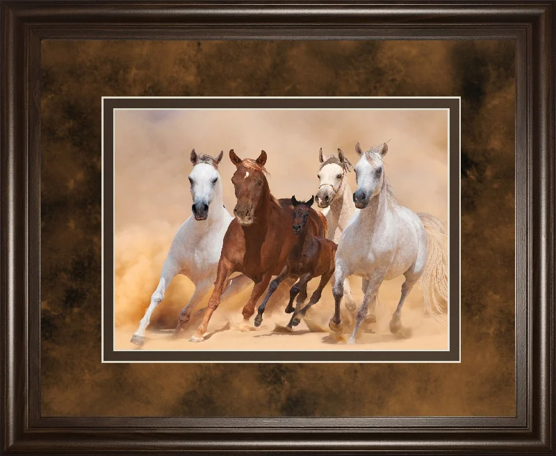 Horses In Dust By Loya_ya - Framed Print Wall Art - Dark Brown